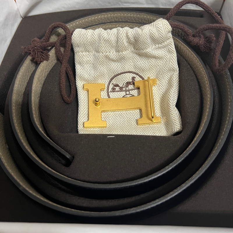 Hermes H皮帶扣 金扣 雙面腰帶32mm（黑+大象灰）-2