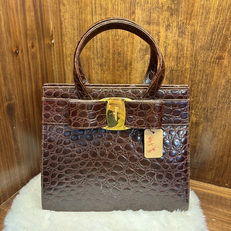 Salvatore Ferragamo 棕色鱷魚紋手提包-0