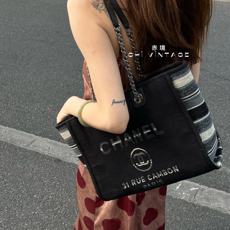 莉亞精品♡Chanel 條紋沙灘包 二手美包-1