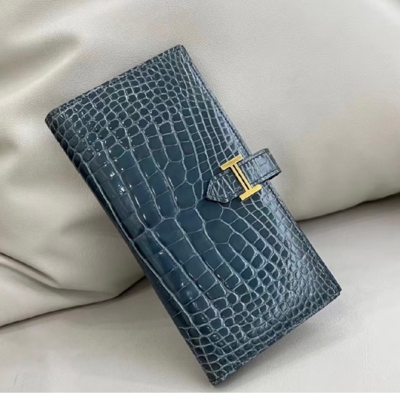 「JL精品代購」9新 Hermes 爱愛馬仕深海藍金扣鱷魚皮bearn長錢包 方塊鱷-3