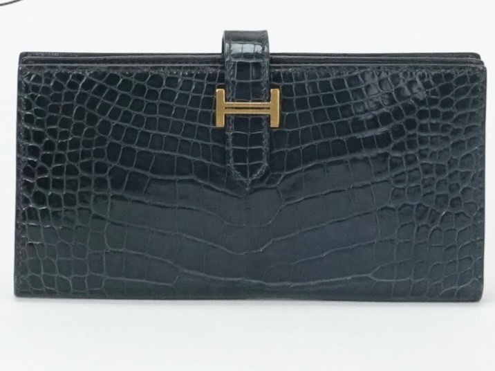 「JL精品代購」9新 Hermes 爱愛馬仕深海藍金扣鱷魚皮bearn長錢包 方塊鱷-3