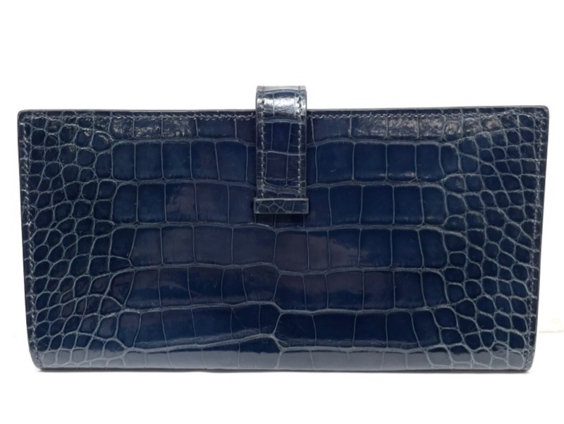 「JL精品代購」9新 Hermes 爱愛馬仕深海藍金扣鱷魚皮bearn長錢包 方塊鱷-5