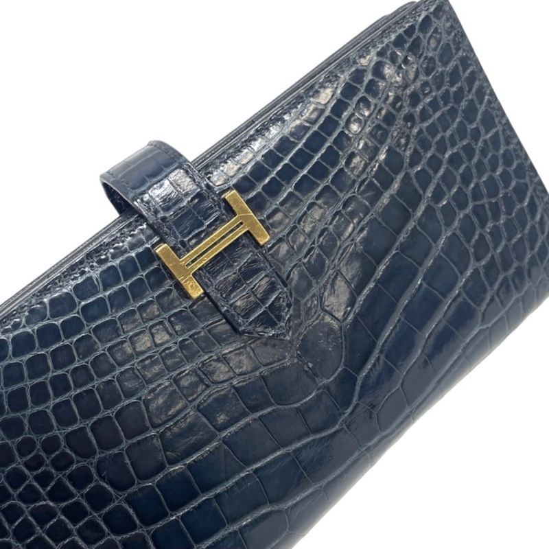 「JL精品代購」9新 Hermes 爱愛馬仕深海藍金扣鱷魚皮bearn長錢包 方塊鱷-6