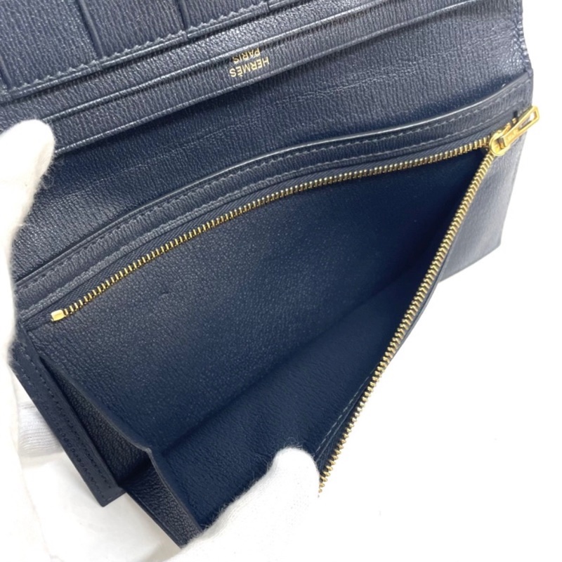 「JL精品代購」9新 Hermes 爱愛馬仕深海藍金扣鱷魚皮bearn長錢包 方塊鱷-9
