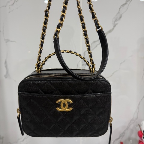 CHANEL 香奈兒 品牌雙C LOGO菱格紋小牛皮雙層手提鍊包兩用包(黑/金)