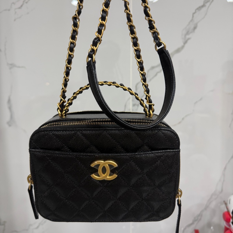 CHANEL 香奈兒 品牌雙C LOGO菱格紋小牛皮雙層手提鍊包兩用包(黑/金)-0