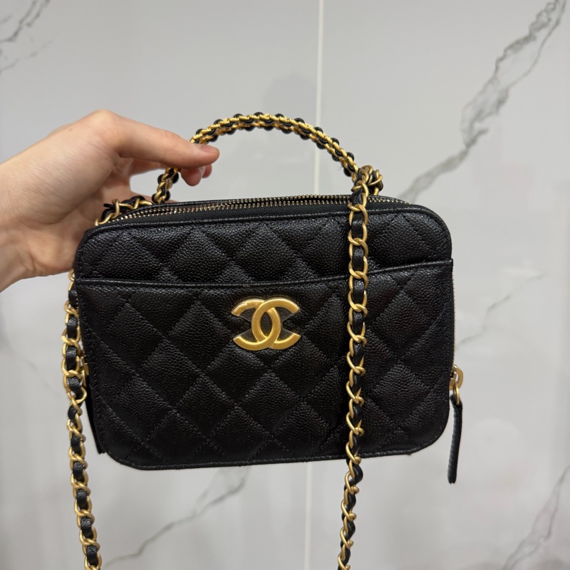 CHANEL 香奈兒 品牌雙C LOGO菱格紋小牛皮雙層手提鍊包兩用包(黑/金)-1