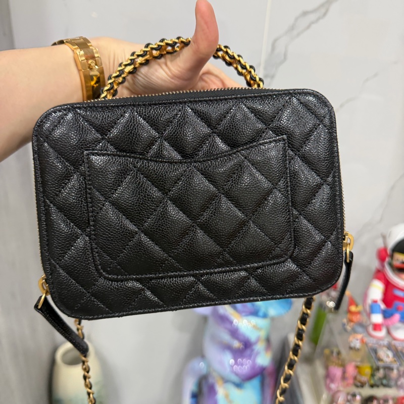 CHANEL 香奈兒 品牌雙C LOGO菱格紋小牛皮雙層手提鍊包兩用包(黑/金)-3