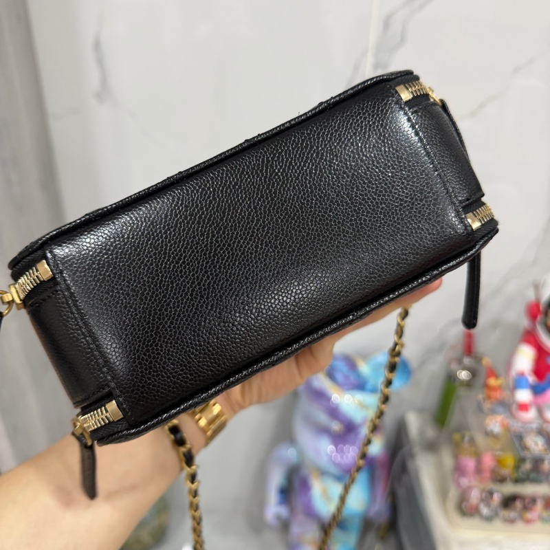 CHANEL 香奈兒 品牌雙C LOGO菱格紋小牛皮雙層手提鍊包兩用包(黑/金)-4