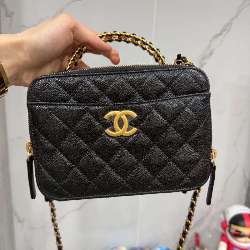 CHANEL 香奈兒 品牌雙C LOGO菱格紋小牛皮雙層手提鍊包兩用包(黑/金)-5