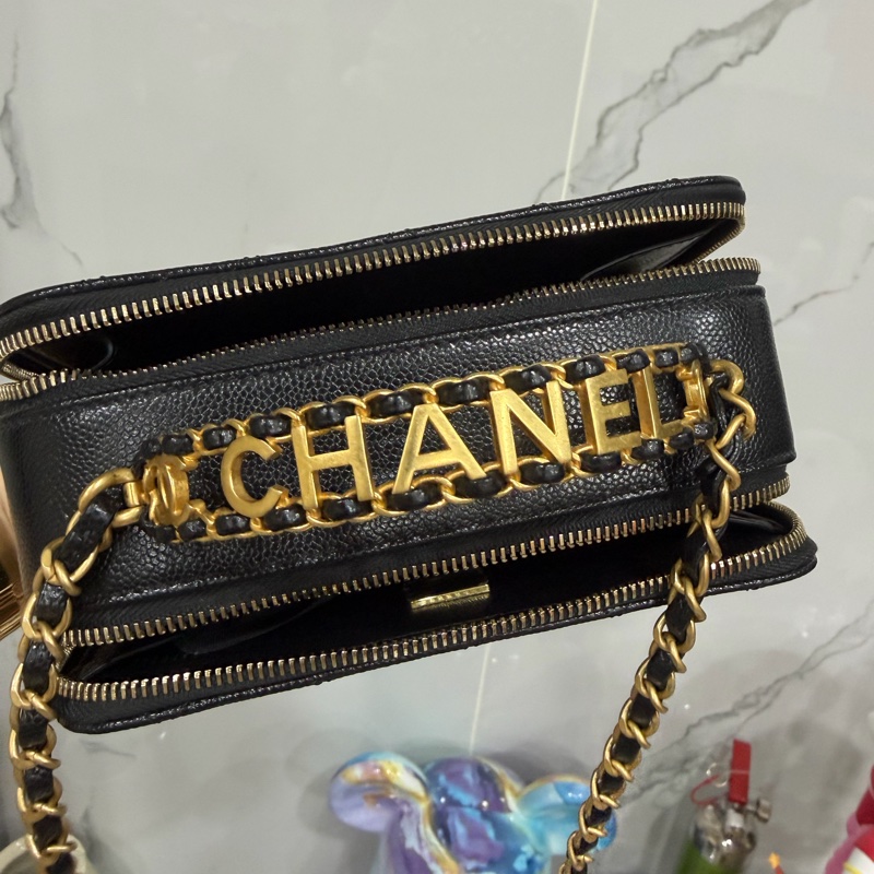 CHANEL 香奈兒 品牌雙C LOGO菱格紋小牛皮雙層手提鍊包兩用包(黑/金)-6