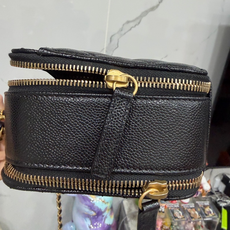 CHANEL 香奈兒 品牌雙C LOGO菱格紋小牛皮雙層手提鍊包兩用包(黑/金)-7