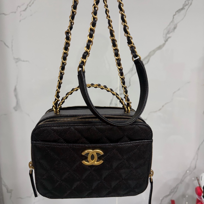 CHANEL 香奈兒 品牌雙C LOGO菱格紋小牛皮雙層手提鍊包兩用包(黑/金)-8