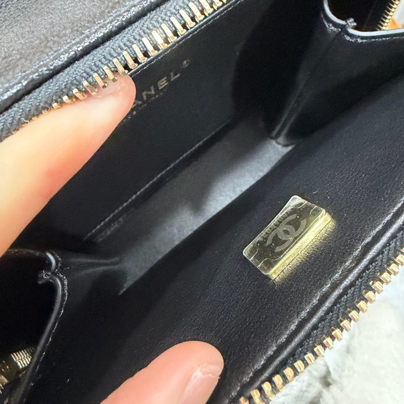 CHANEL 香奈兒 品牌雙C LOGO菱格紋小牛皮雙層手提鍊包兩用包(黑/金)-9
