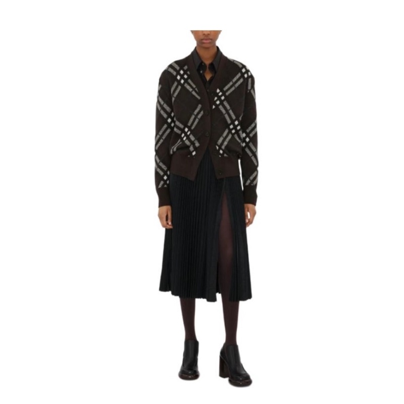 Burberry博柏利 格纹单排扣宽松长袖 针织衫 女款 棕色-2