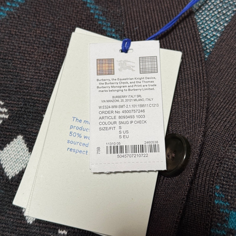 Burberry博柏利 格纹单排扣宽松长袖 针织衫 女款 棕色-4