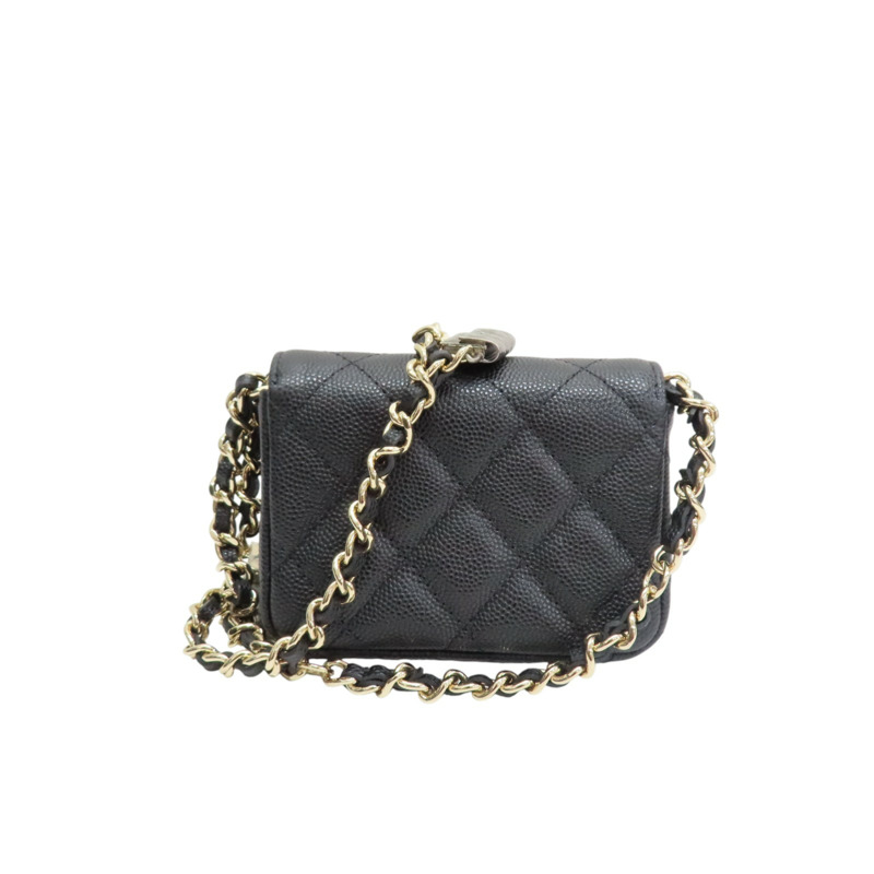 黑色 荔枝紋牛皮 鍊帶 腰包 金扣【CHANEL 香奈兒】 AP2401-1