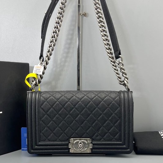 香奈兒/Chanel Leboy中號黑銀菱格鏈條包-0