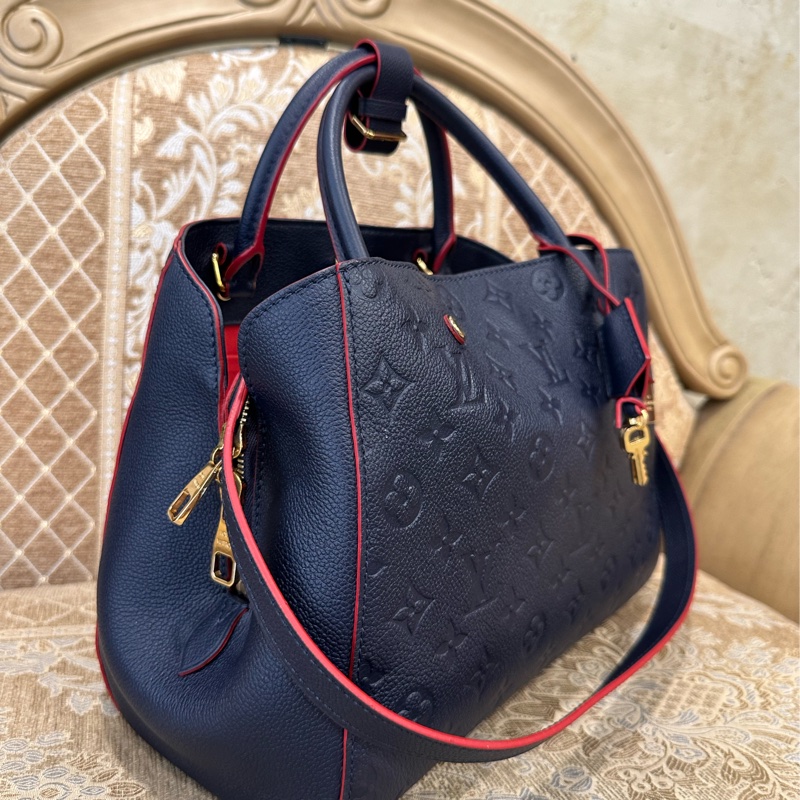 LV 海軍藍牛皮壓紋金釦Montaigne MM手提肩背包 M42746-2