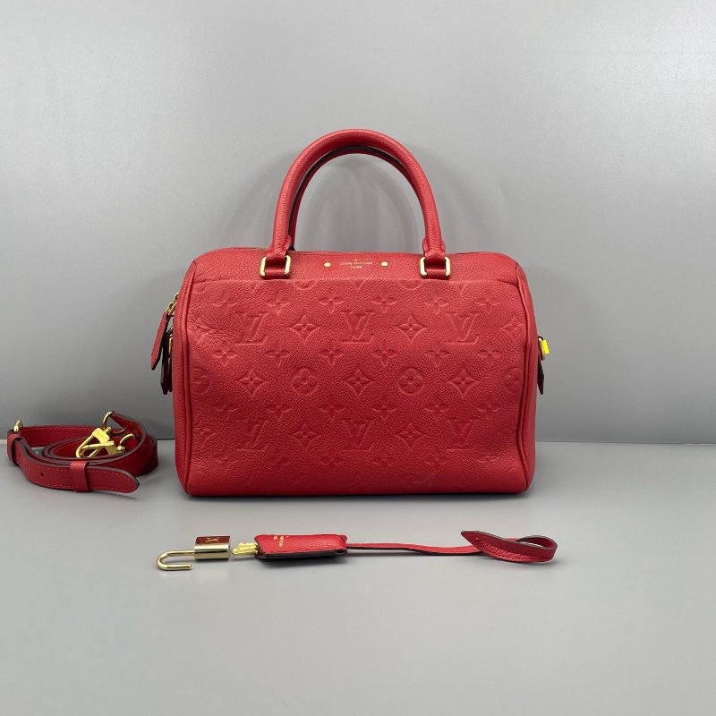 路易威登/Louis Vuitton Speedy25全皮壓花肩帶款紅色金扣 手提包-6