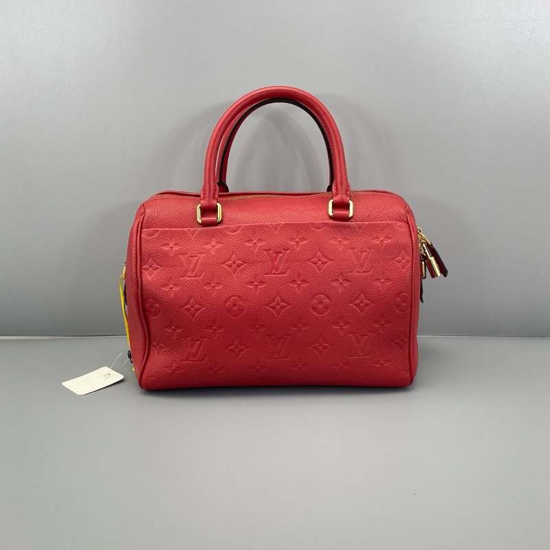 路易威登/Louis Vuitton Speedy25全皮壓花肩帶款紅色金扣 手提包-7