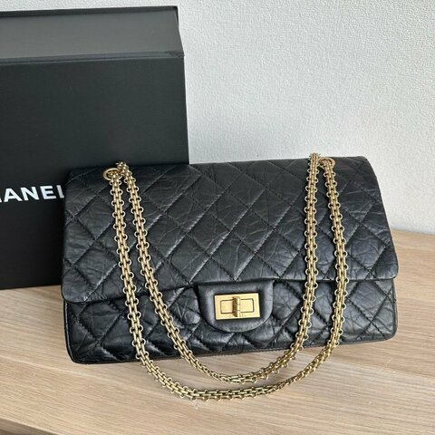 香奈兒/Chanel 2.55黑金大號牛皮鏈條口蓋包