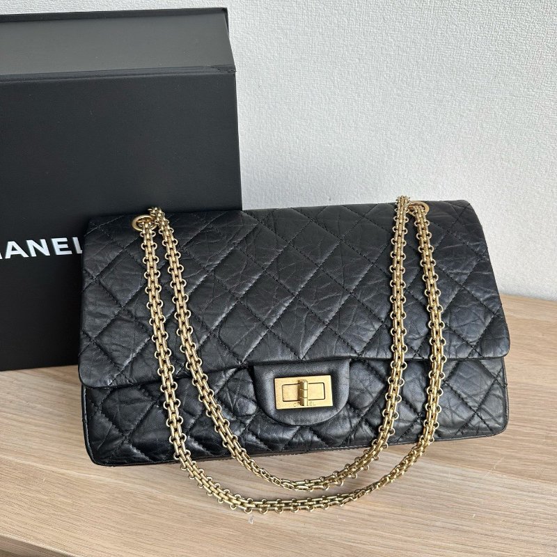 香奈兒/Chanel 2.55黑金大號牛皮鏈條口蓋包-0