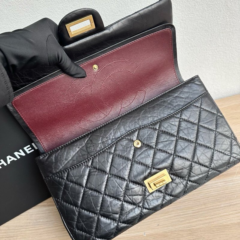 香奈兒/Chanel 2.55黑金大號牛皮鏈條口蓋包-8