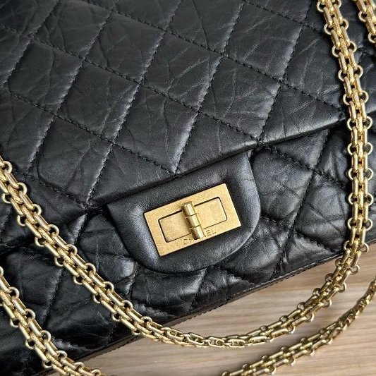 香奈兒/Chanel 2.55黑金大號牛皮鏈條口蓋包-11