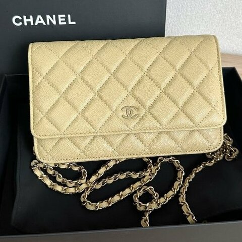 近新品 香奈兒/Chanel 芥末黃綠色金扣 荔枝皮菱格紋 WOC鏈條包