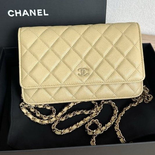 近新品 香奈兒/Chanel 芥末黃綠色金扣 荔枝皮菱格紋 WOC鏈條包-0