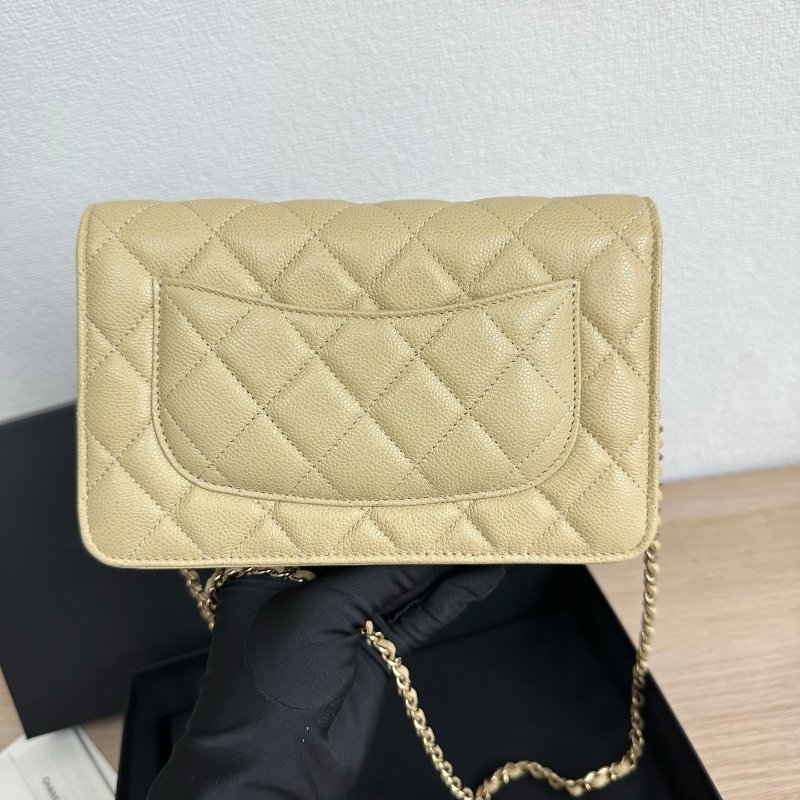 近新品 香奈兒/Chanel 芥末黃綠色金扣 荔枝皮菱格紋 WOC鏈條包-1