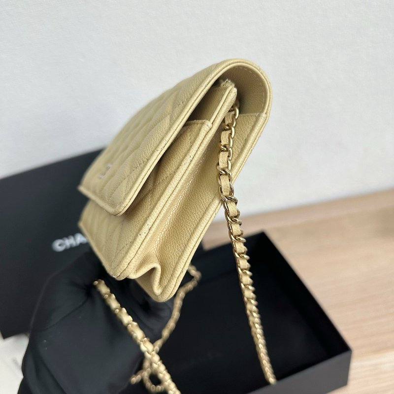 近新品 香奈兒/Chanel 芥末黃綠色金扣 荔枝皮菱格紋 WOC鏈條包-2