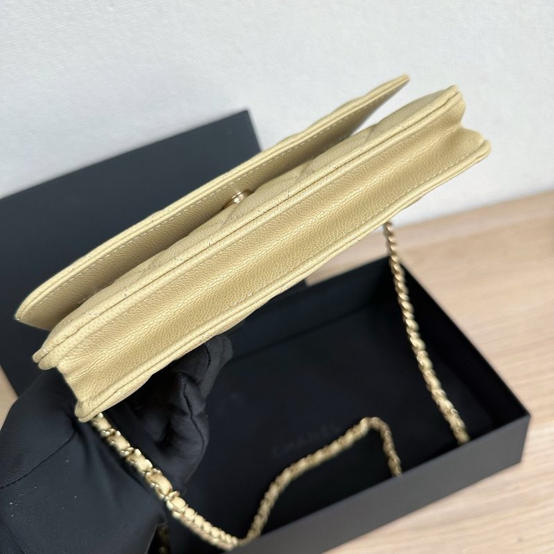 近新品 香奈兒/Chanel 芥末黃綠色金扣 荔枝皮菱格紋 WOC鏈條包-4