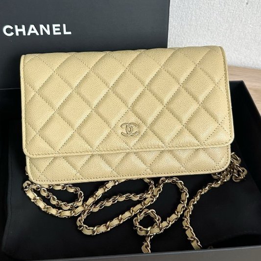 近新品 香奈兒/Chanel 芥末黃綠色金扣 荔枝皮菱格紋 WOC鏈條包-5