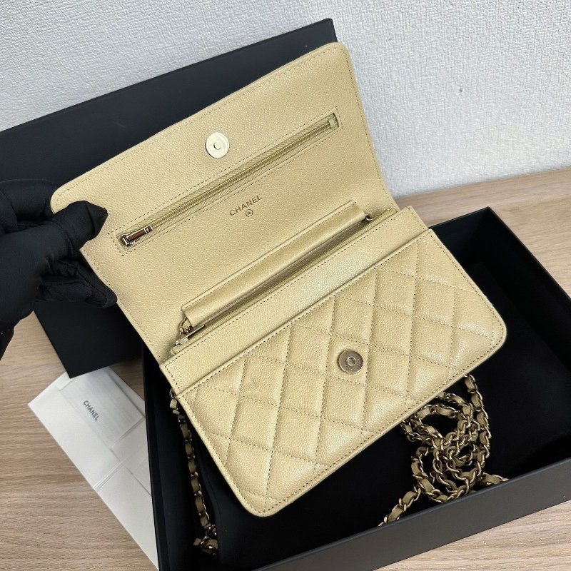 近新品 香奈兒/Chanel 芥末黃綠色金扣 荔枝皮菱格紋 WOC鏈條包-8