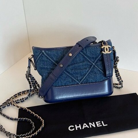 香奈兒/Chanel Gabrielle小號限定深藍色大菱格牛仔流浪包鏈條包
