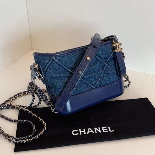 香奈兒/Chanel Gabrielle小號限定深藍色大菱格牛仔流浪包鏈條包-2