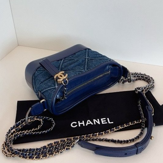 香奈兒/Chanel Gabrielle小號限定深藍色大菱格牛仔流浪包鏈條包-4