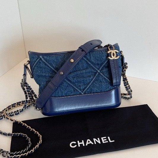 香奈兒/Chanel Gabrielle小號限定深藍色大菱格牛仔流浪包鏈條包-6