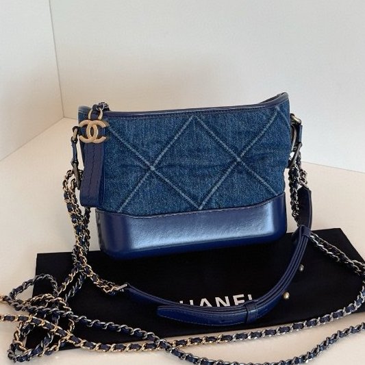 香奈兒/Chanel Gabrielle小號限定深藍色大菱格牛仔流浪包鏈條包-7