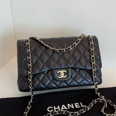 近新品 香奈兒/Chanel CF Jumbo 雙蓋黑金羊皮鏈條包