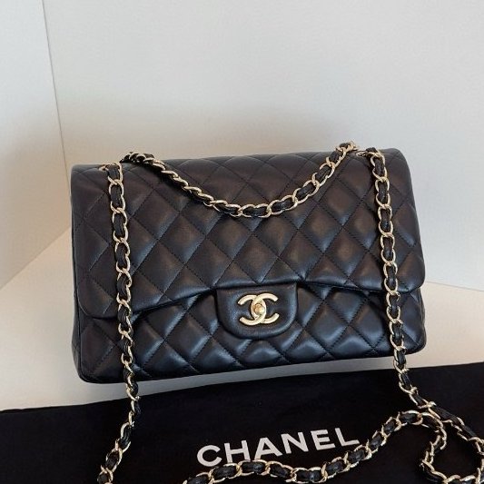近新品 香奈兒/Chanel CF Jumbo 雙蓋黑金羊皮鏈條包-0