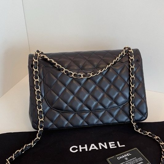 近新品 香奈兒/Chanel CF Jumbo 雙蓋黑金羊皮鏈條包-1