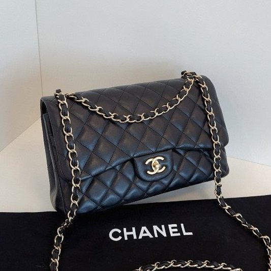 近新品 香奈兒/Chanel CF Jumbo 雙蓋黑金羊皮鏈條包-2