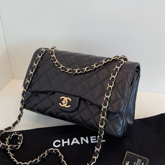 近新品 香奈兒/Chanel CF Jumbo 雙蓋黑金羊皮鏈條包-3