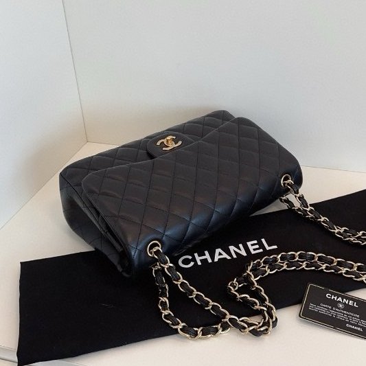 近新品 香奈兒/Chanel CF Jumbo 雙蓋黑金羊皮鏈條包-4
