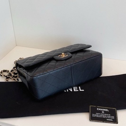 近新品 香奈兒/Chanel CF Jumbo 雙蓋黑金羊皮鏈條包-5