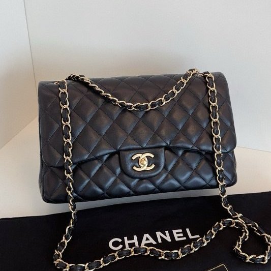 近新品 香奈兒/Chanel CF Jumbo 雙蓋黑金羊皮鏈條包-6