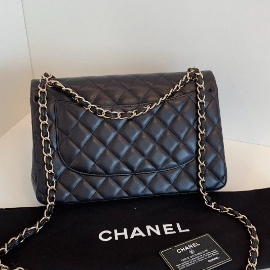 近新品 香奈兒/Chanel CF Jumbo 雙蓋黑金羊皮鏈條包-7